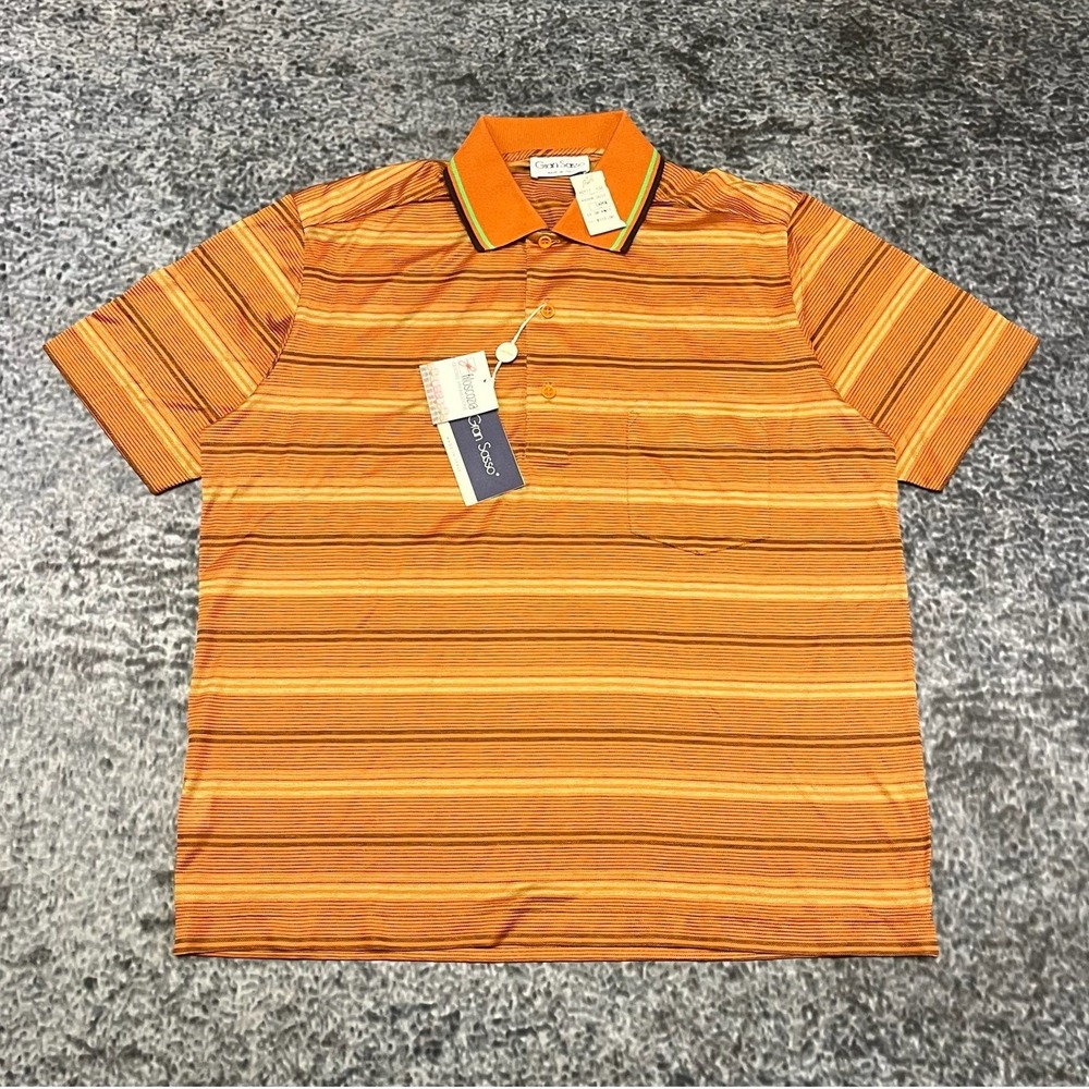 Vintage Gran Sasso Polo Shirt Mens Large Made In Italy Orange Horizontal Stripes